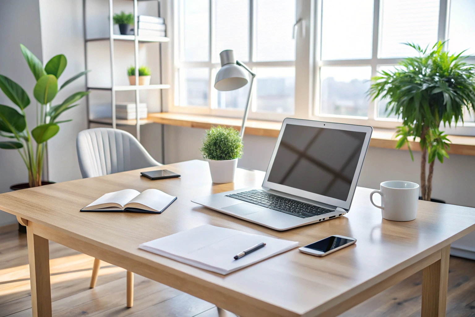 Un bureau moderne avec un ordinateur portable, un téléphone et des papiers éparpillés, dans une pièce lumineuse et minimaliste, sans aucun élément de marque ou texte visible