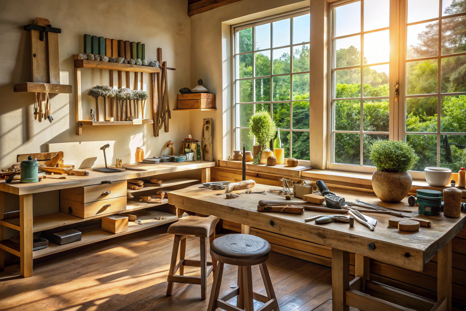 Une scène paisible d un atelier artisanal avec des outils soigneusement disposés sur un établi en bois, baignée d une lumière naturelle douce, évoquant le savoir faire et l attention aux détails