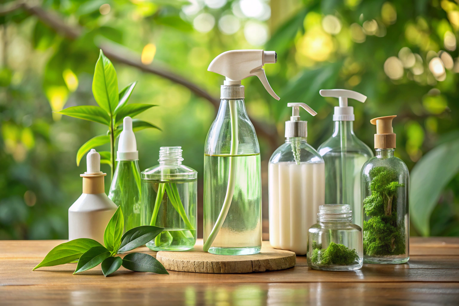 Un ensemble de bouteilles et flacons de produits de nettoyage écologiques, en verre et plastique recyclé, disposés sur un plan de travail en bois clair, avec des feuilles vertes en arrière-plan pour évoquer la nature